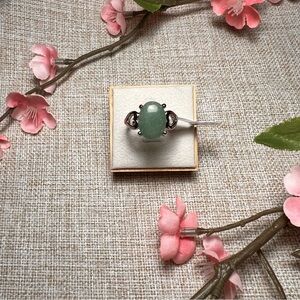 Size 9 | Silver Boho Gemstone Ring – Large Oval Green Jade, Chunky Statement